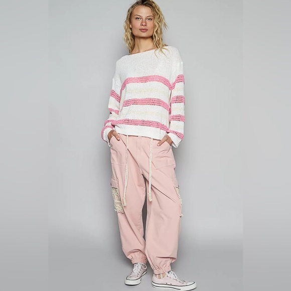 🫐 POL Women's Sweater in White and Pink -candy ribbons - Picture 2 of 5